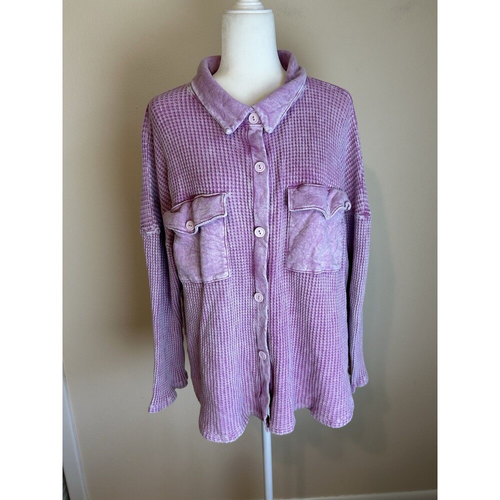 Bucketlist Women Shacket Shirt Jacket M Purple Waffle Oversized Boho Thermal